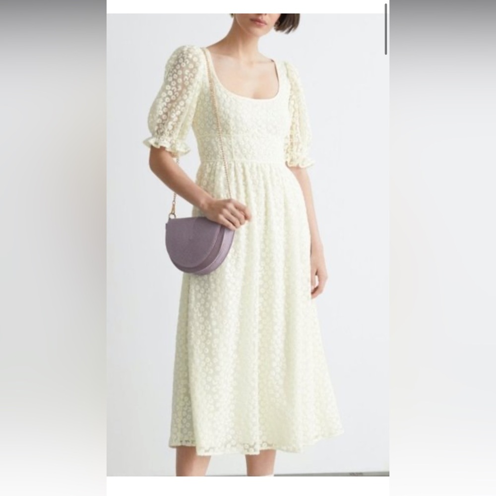 & Other Stories Lace Floral White Midi Puff Sleeve Dress